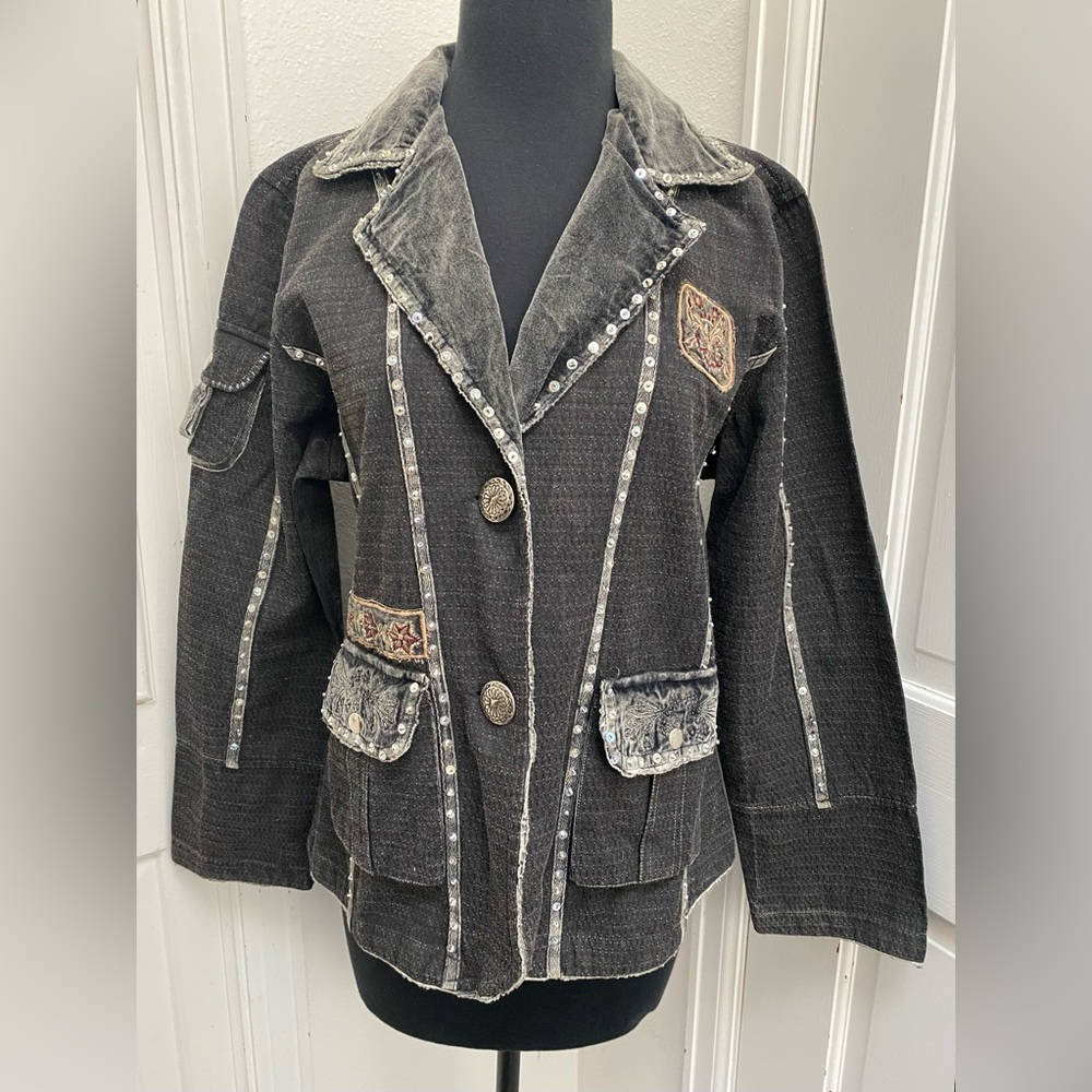 Vintage Black Denim Embroidered Embellished Moka Sport Jacket Size Large